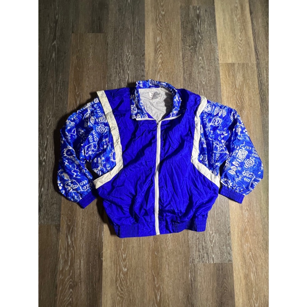 SFO Windbreaker Jacket Women Large Blue Excellent‎ Vintage 90s Geometric Print